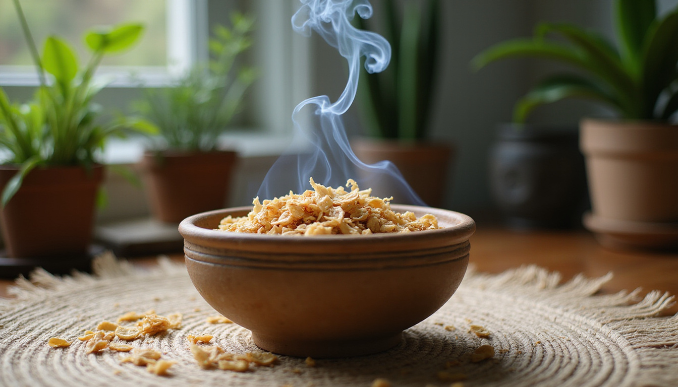 Ceramic bowl of smoldering palo santo, aromatic smoke curls, houseplants, woven altar cloth, serene ambiance
