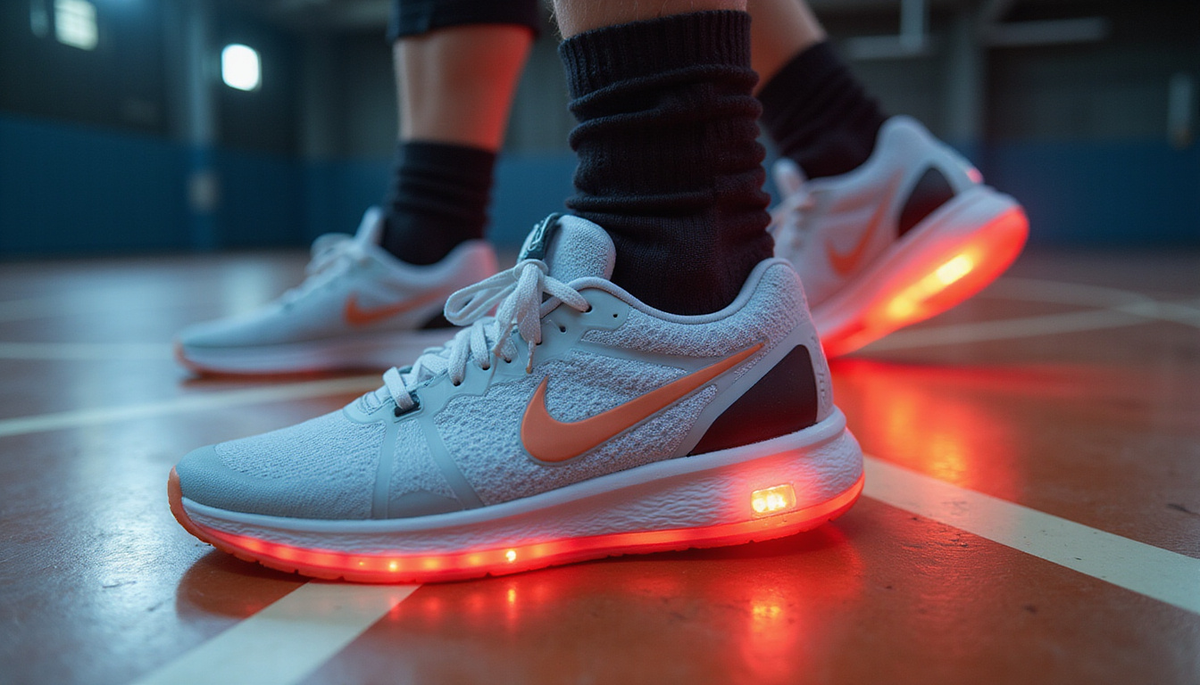  Close-up of smart shoes and knee tracker on court, glowing motion-trace technology, modern sportwear