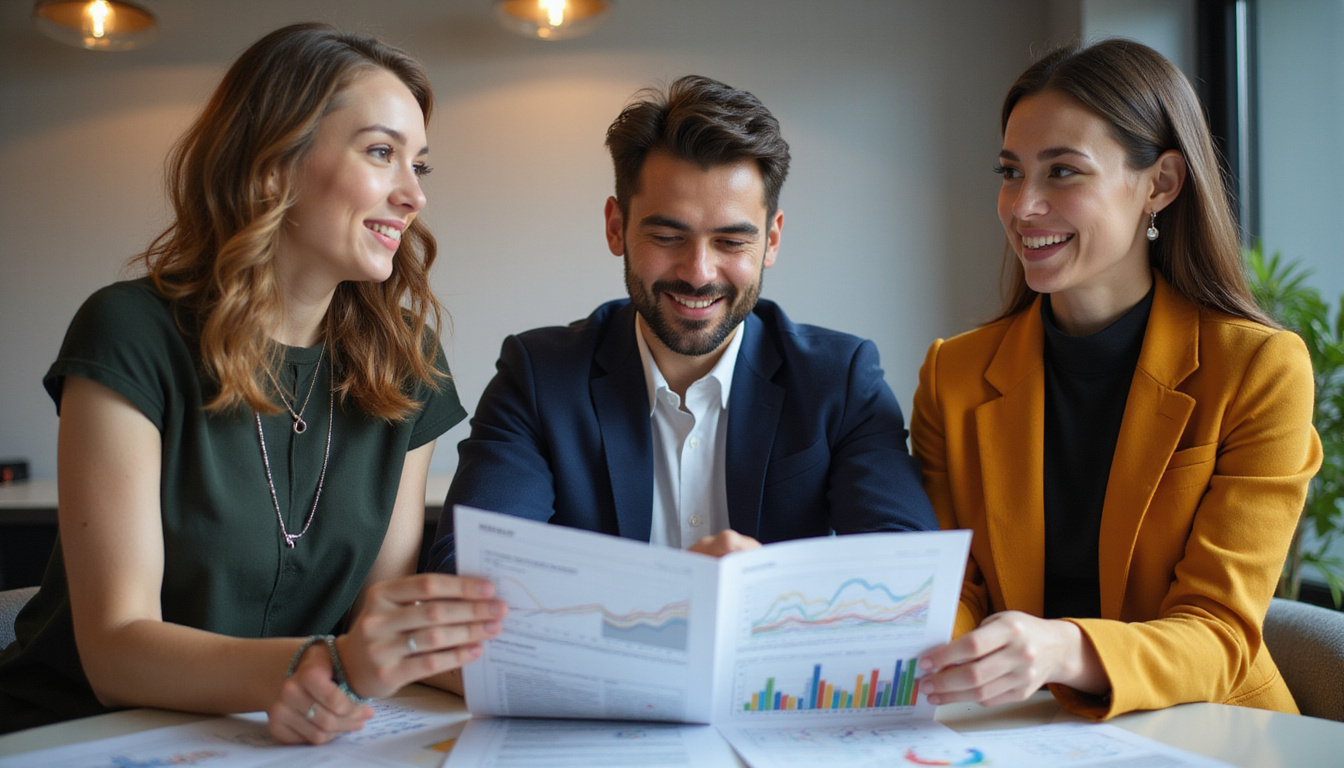  Satisfied clients examining glossy marketing materials, cost-saving graphs, warm professional studio lighting