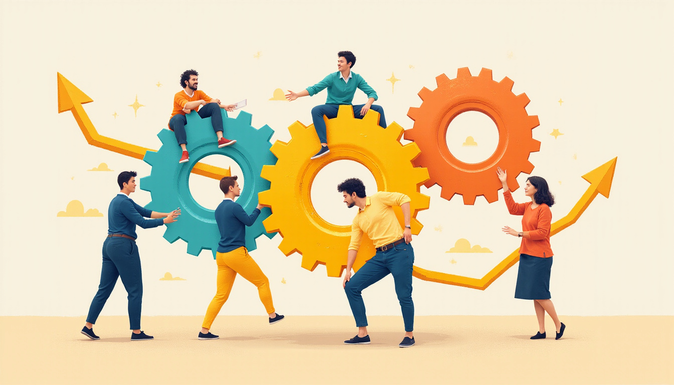 Team of diverse professionals tuning gold pipeline gears, lightning speed, exploding revenue metrics