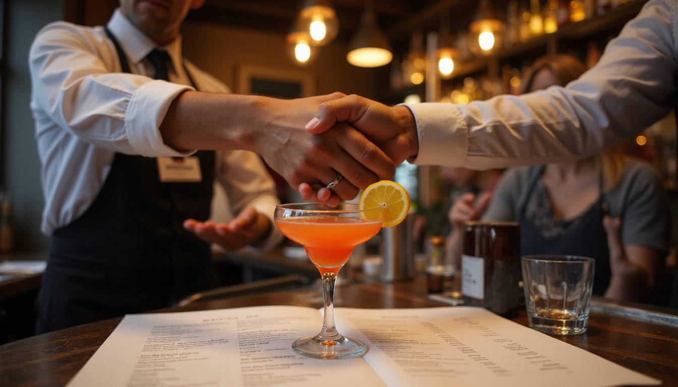  Handshake over cocktail menu, bartender license visible, upscale patrons applauding, clock showing urgency