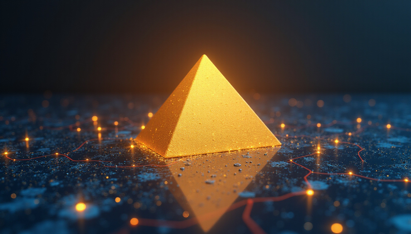 Golden pyramid silhouette behind digital search results, highlighted property pins and analytics charts