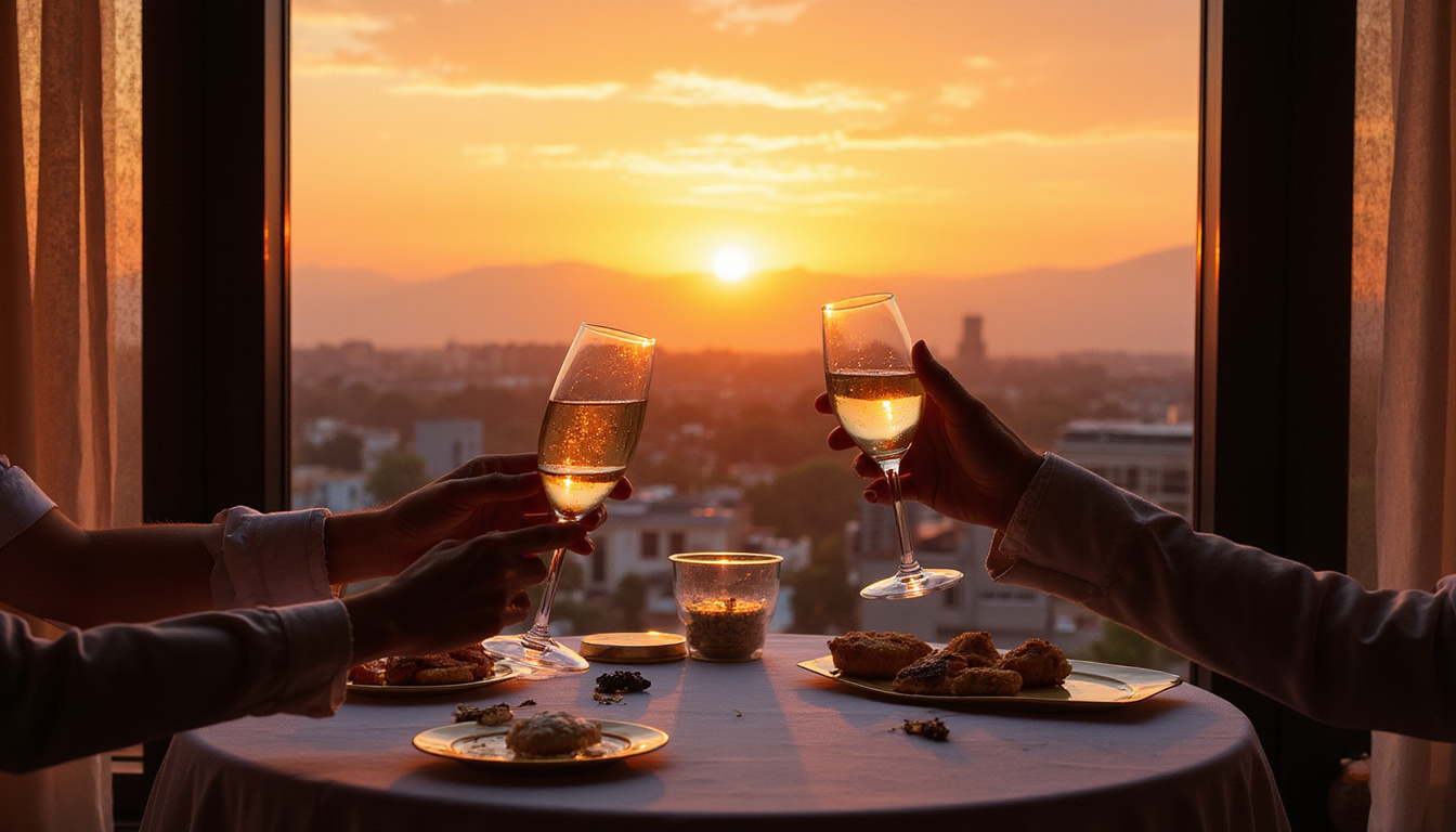  VIP guests receiving champagne, bespoke amenities, secret rooftop terrace sunset view, discreet staff service