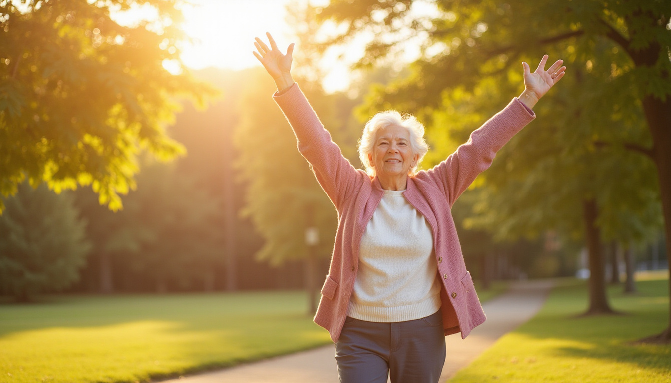  Triumphant elderly woman walking pain-free outdoors after single injection, warm sunlight, gentle medical aura