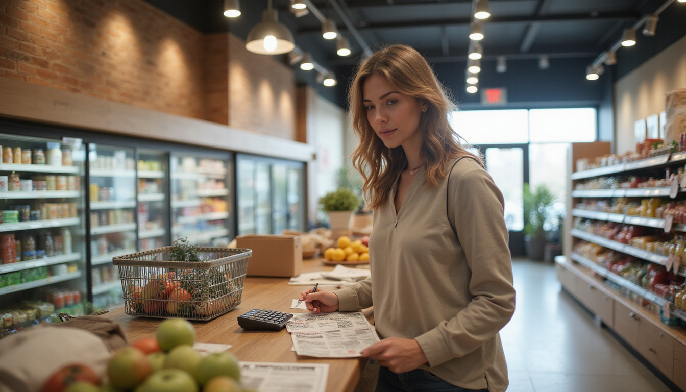Budget-conscious shopper comparing price tags, coupons, calculator on counter, reusable tote, cozy supermarket lighting