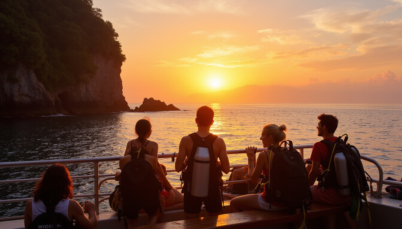  Sunset at Nusa Penida cliffs, scuba tanks on deck, backpackers laughing, warm golden glow