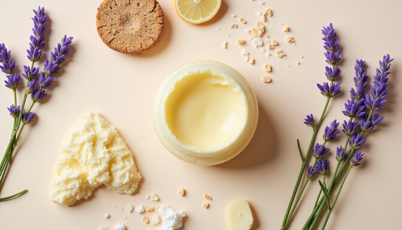  Botanical ingredients laid out: shea butter, hyaluronic acid, lavender sprigs, elegant lighting