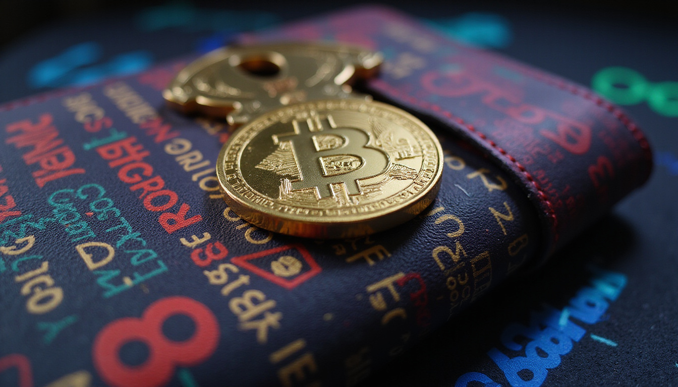 Close-up hardware wallet with golden key and cascading blockchain code, dramatic low-key lighting