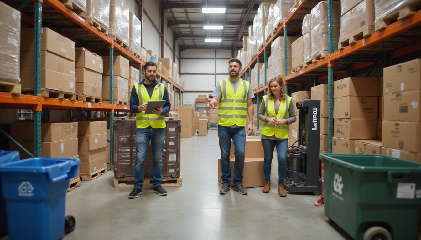 Team with clipboard checklist, removing boxes, recycling bins, forklift, clean open aisles, warm lighting
