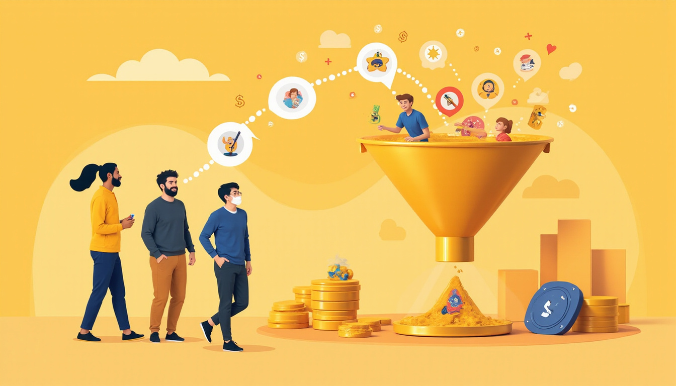 Smiling team routing leads into golden funnel, pulsating icons, never-miss opportunity, vibrant colors