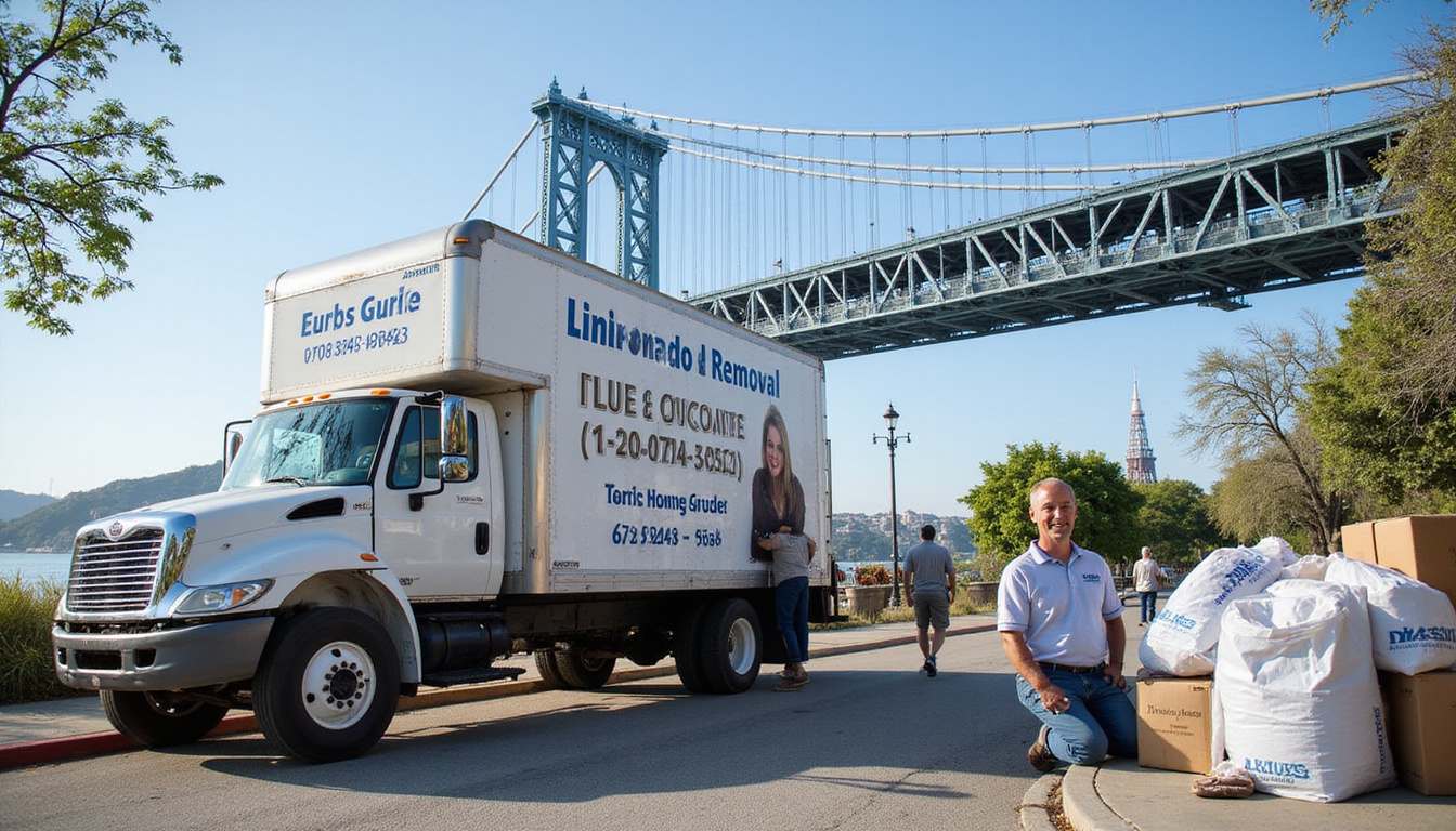  Junk removal team loading truck by iconic Coronado bridge, smiling homeowners, organized donation piles