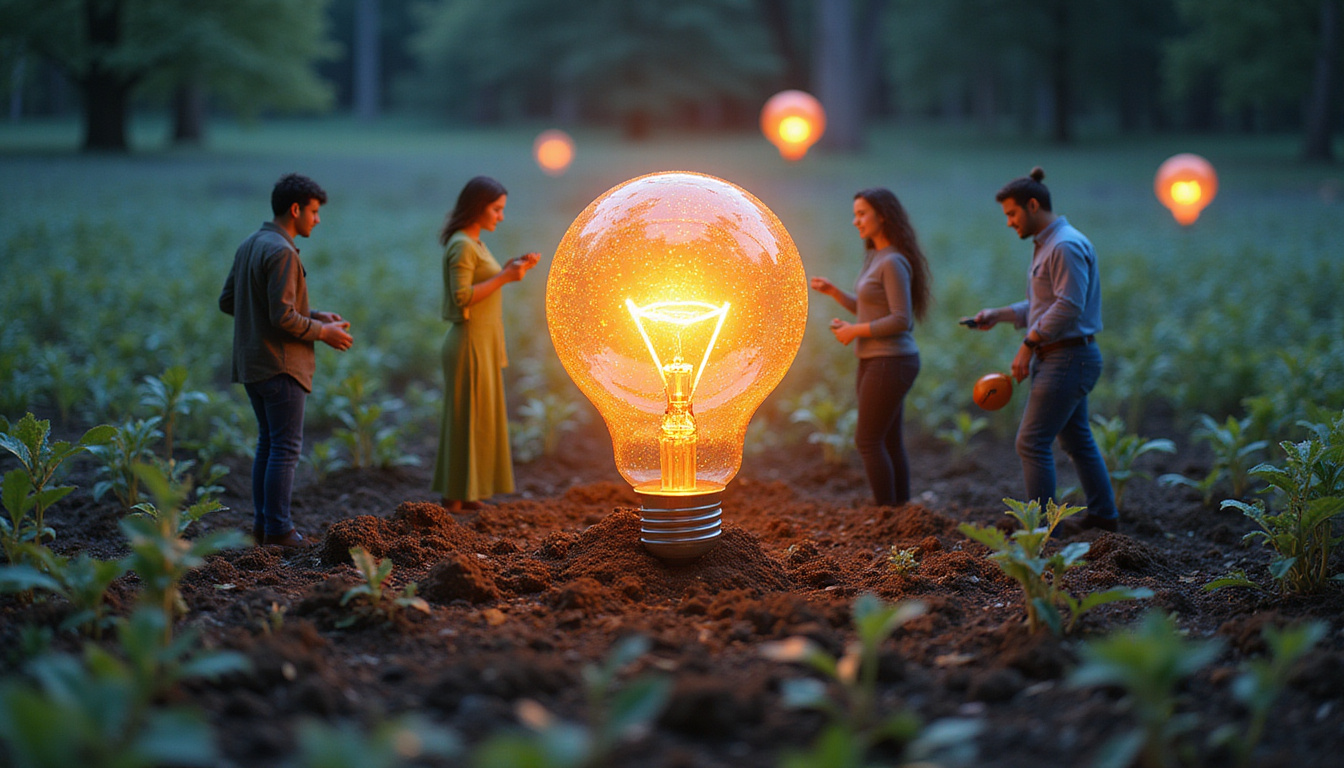 Diverse coworkers planting luminescent idea seeds in a garden of floating charts