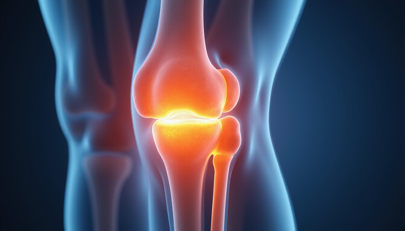  Cutaway anatomical knee, synovial fluid illustrated as shimmering oil, educational infographic, clean clinical lighting