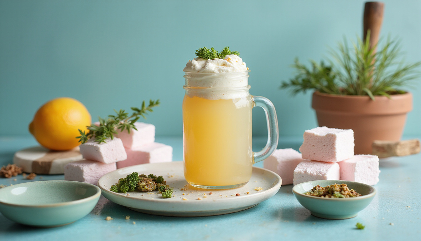  Modern culinary lab showing gelatin clarifying stock, homemade marshmallows, silicone molds, botanical garnishes