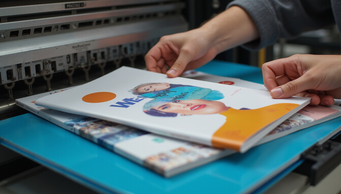 Close-up printing press producing glossy brochures and branded swag, warm studio lighting