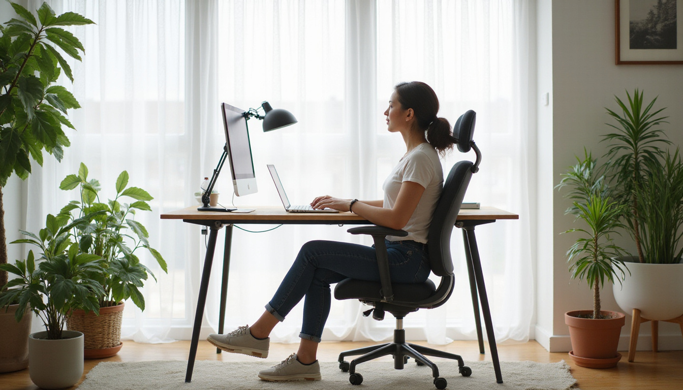  Ergonomic home office scene, person sitting upright with lumbar support, plants, minimalist calming tones