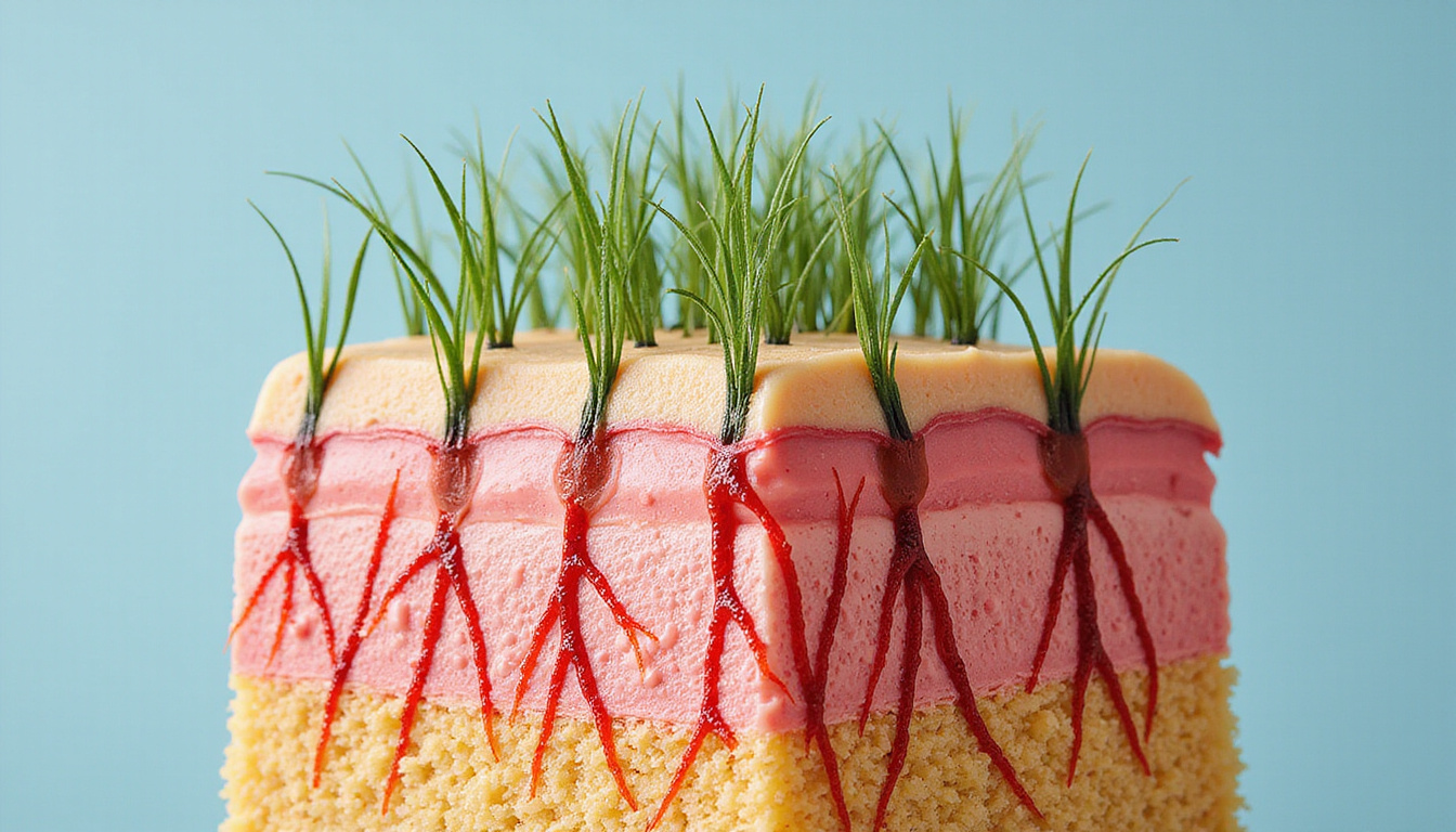  Cross-section of scalp showing enhanced microcirculation, vibrant capillaries feeding strong hair shafts