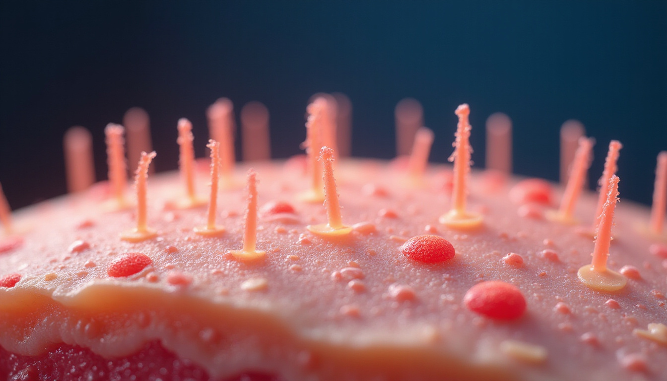 Macro cross-section of skin showing microneedles stimulating hair follicle growth, cells glowing