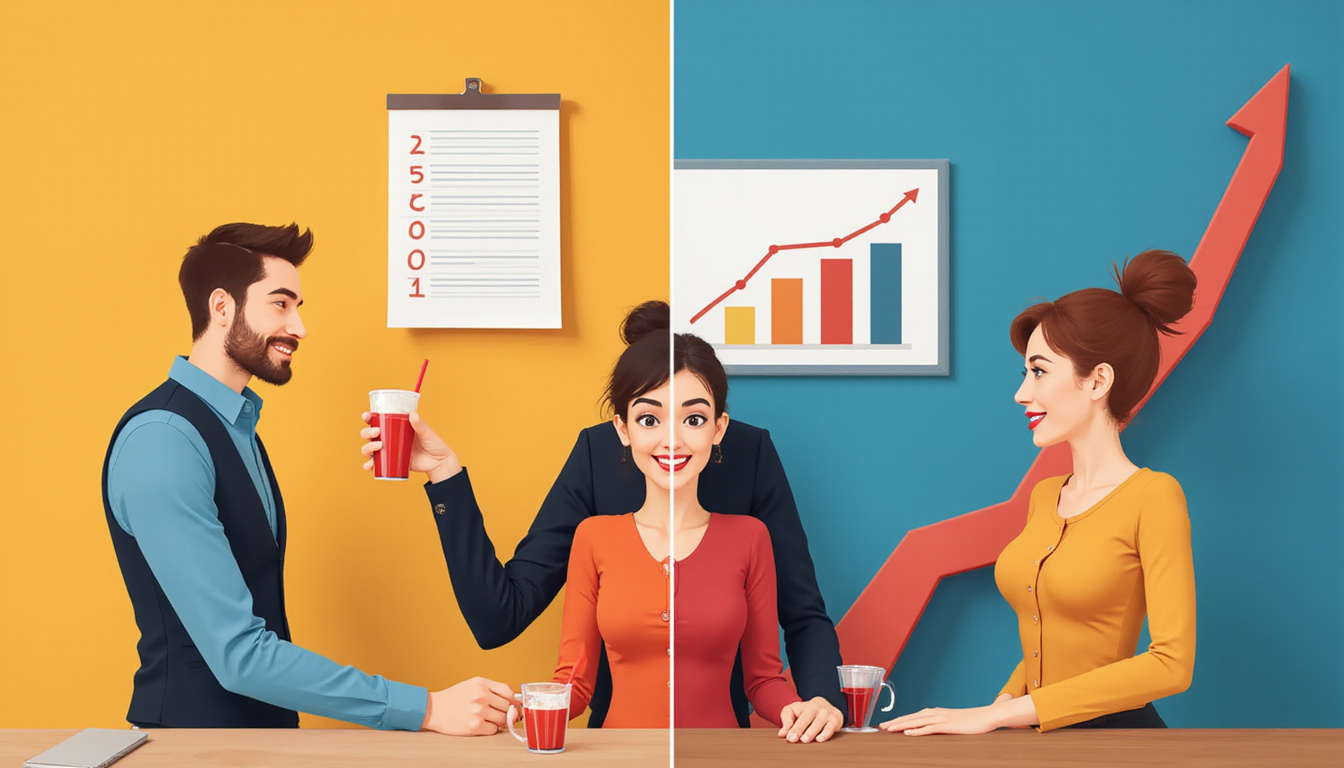  Split-scene: confident server refusing drink, happy safe customers, sales chart rising on wall