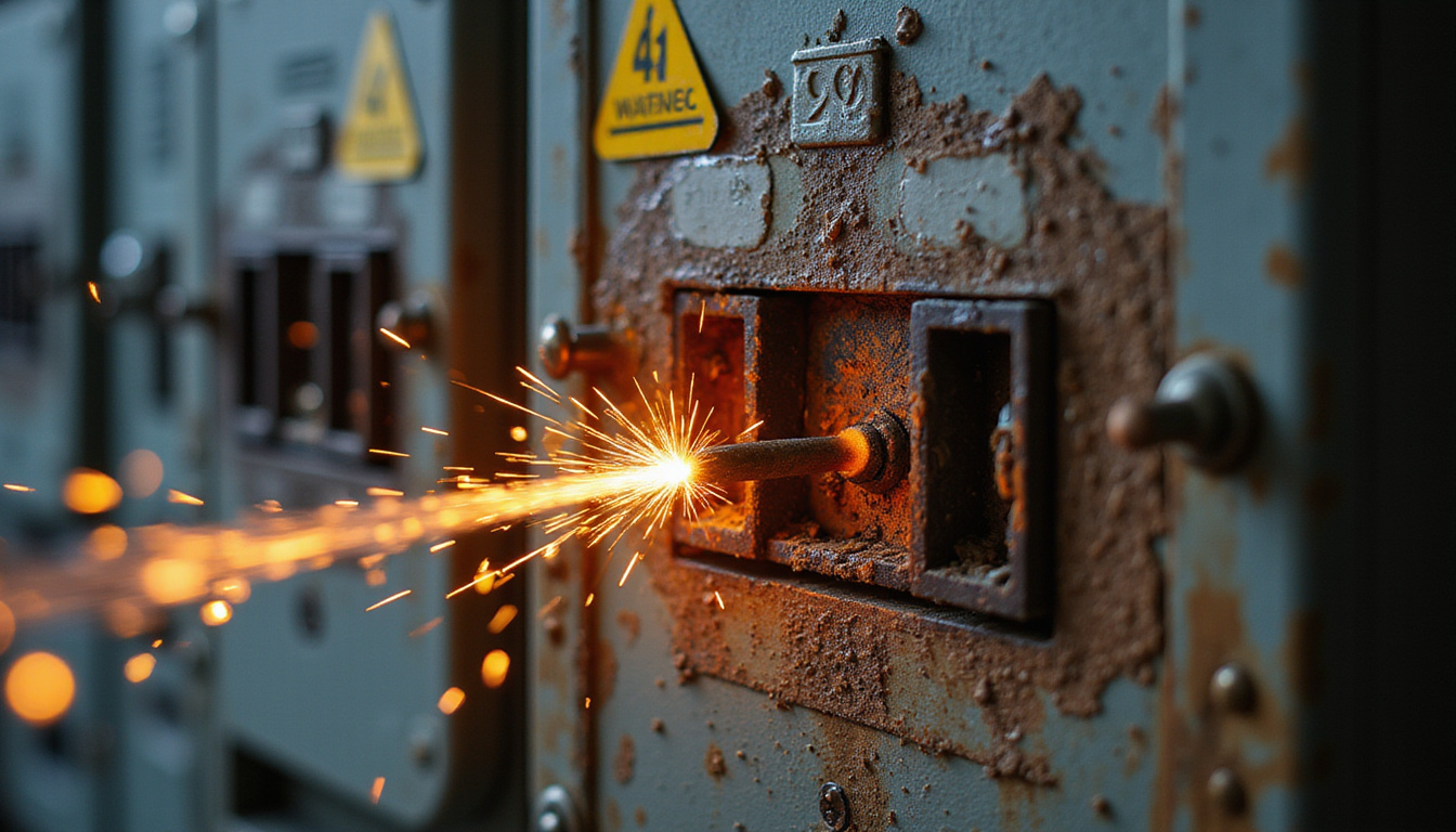  close-up of corroded breaker panel with arcing sparks, burned insulation, warning tags, flashlight beam