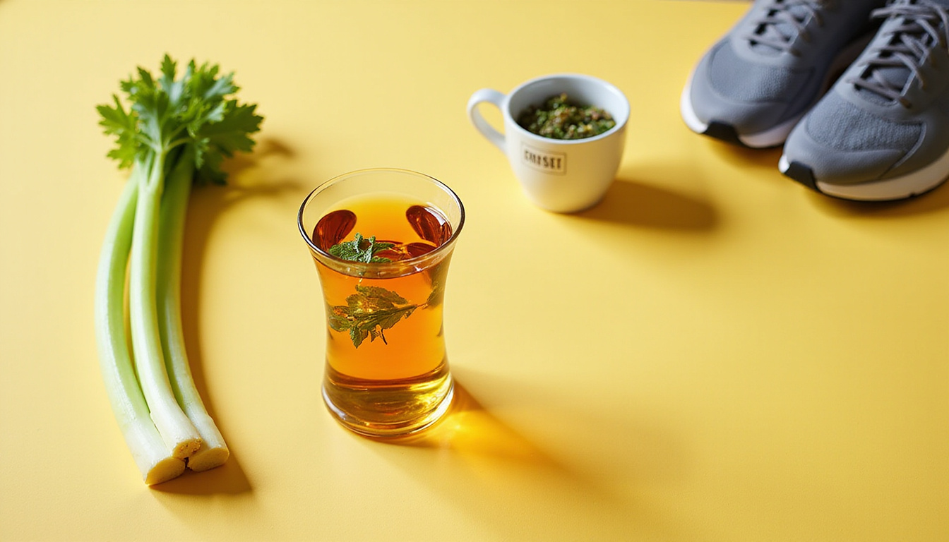  Minimalist flat-lay of glass water, herbal tea, celery, exercise shoes, low-sodium meal, labeled