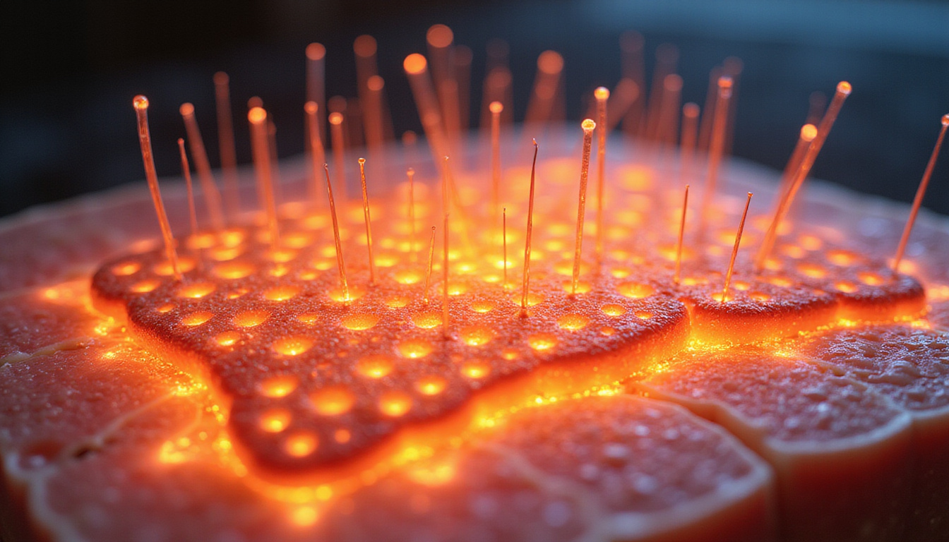  Detailed cross-section of luminous skin, collagen fibers, microscopic needles stimulating regeneration, scientific infographic style