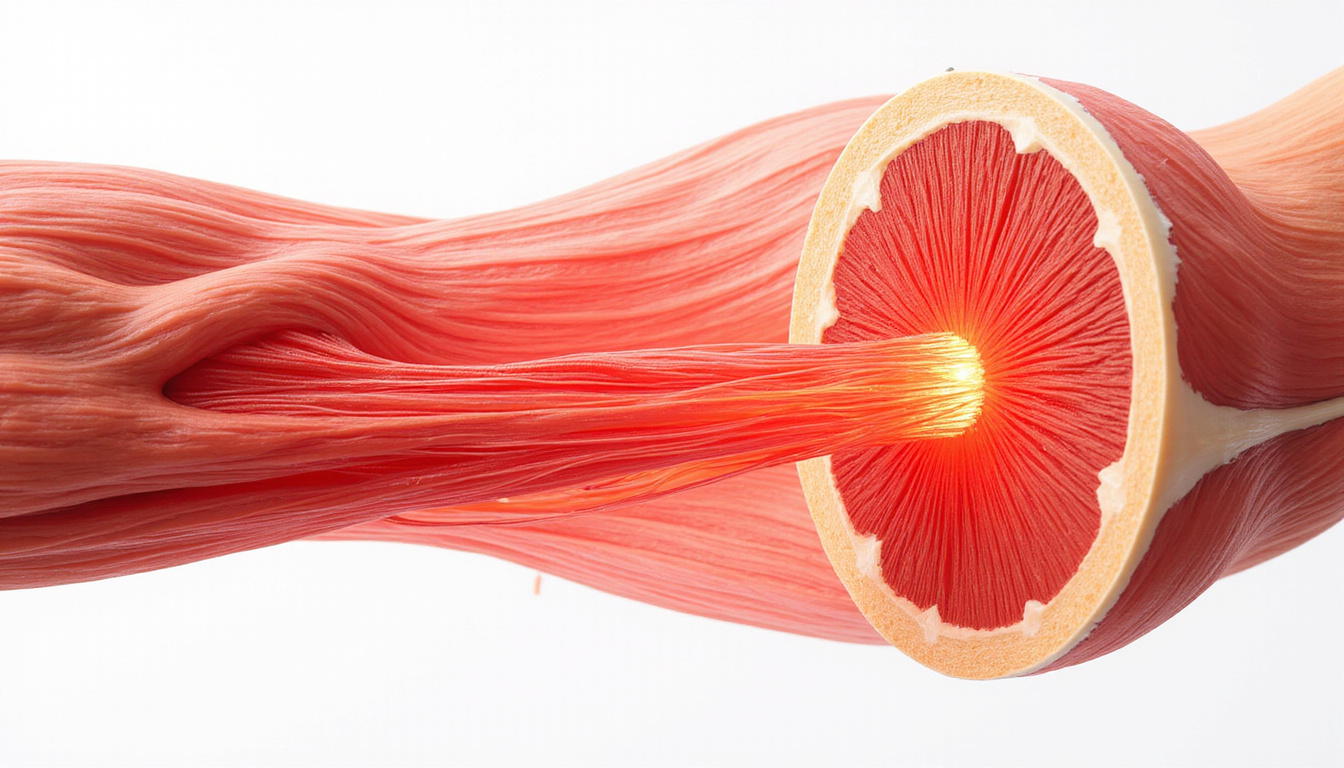 Cross-sectional illustration of muscle fibers and inflamed trigger points, glowing red, clean vector style