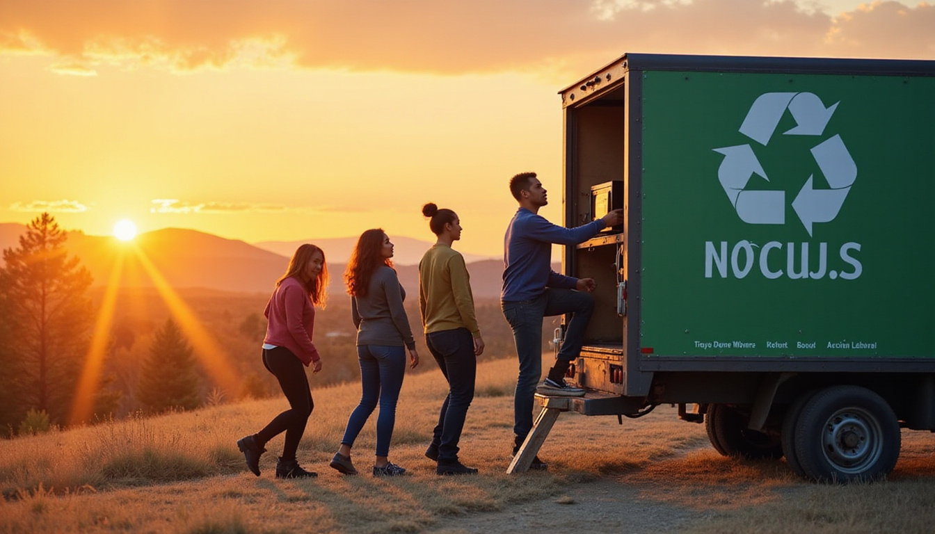Fast removal scene: neighbors helping lift microwave into recycling van, sunset, friendly community