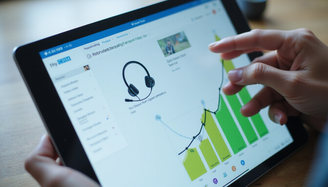  Close-up CRM interface on tablet, annotated call notes, headset, signed contract, upward green arrow
