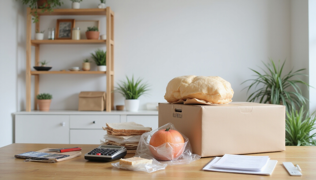  Organized minimalist downsized apartment, neat shelves, donation pile, checklist and calculator on table