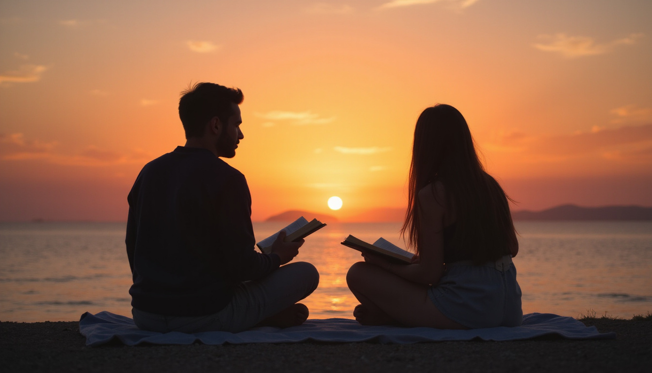 Couple mirroring posture while reading separate books, subtle synchronized breathing, warm dusk