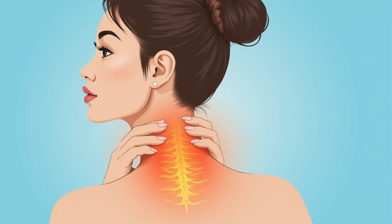 High-detail medical illustration of neck exercises: stretching, posture correction, heat pack, calm blue background