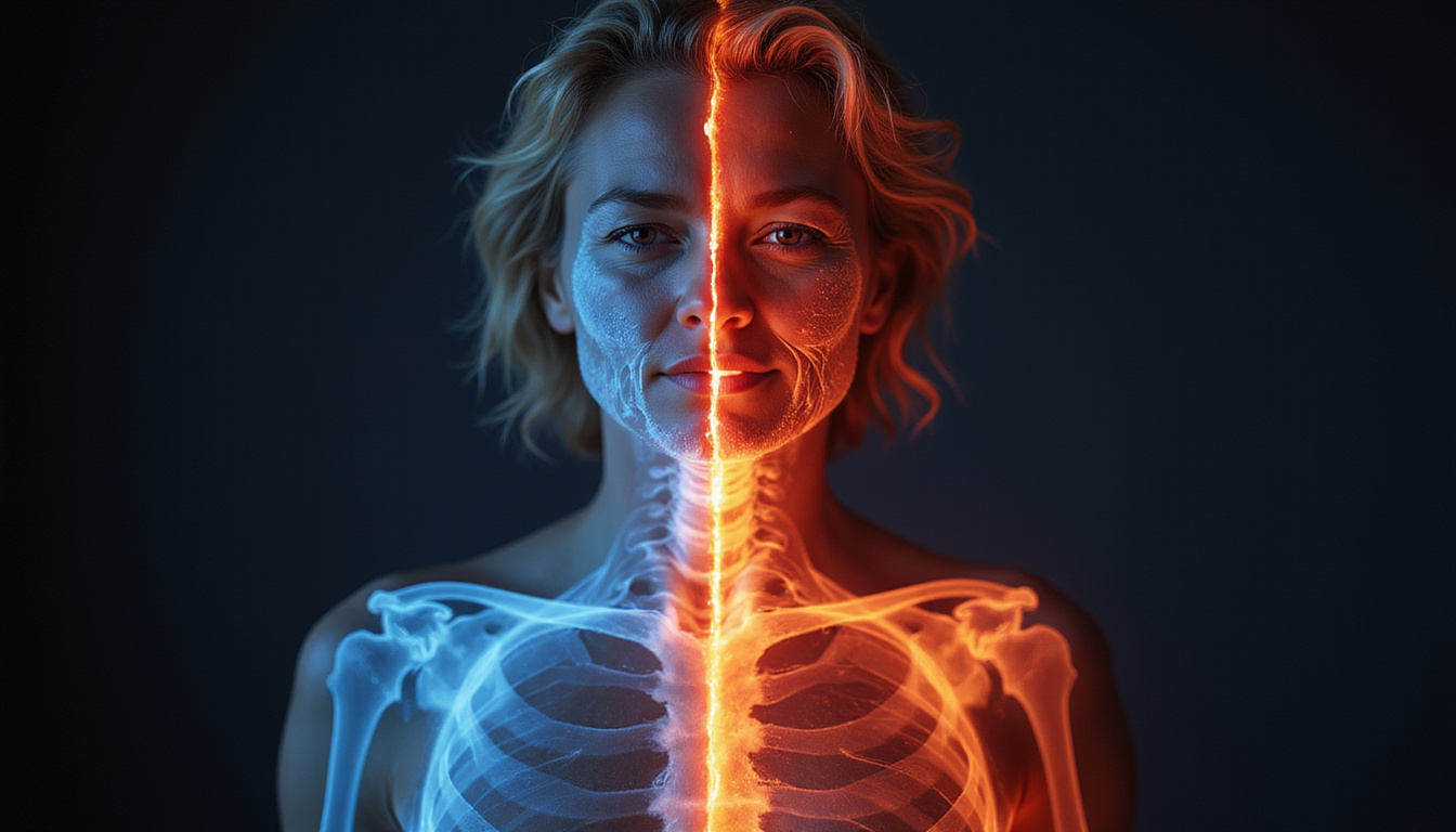  Symbolic split portrait: healthy bones, fading muscle, mood swings, hot flashes, dark background