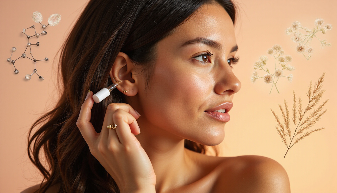  Close-up glossy thick hair, hands applying serum, botanical ingredients, molecular diagrams overlay, warm glow