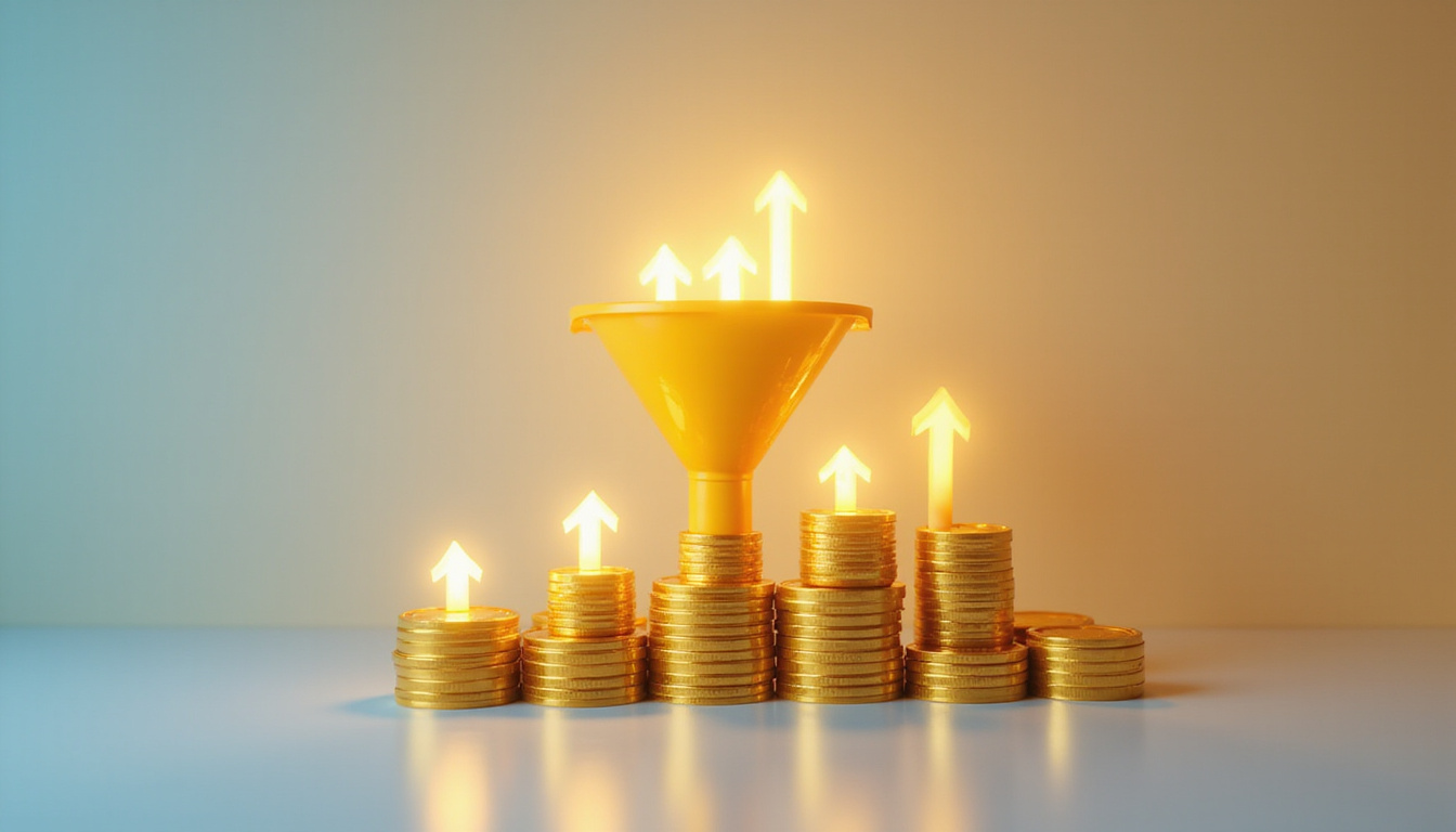 golden pipeline funnel pouring glowing leads into stacked coins, growth arrows, clean corporate background