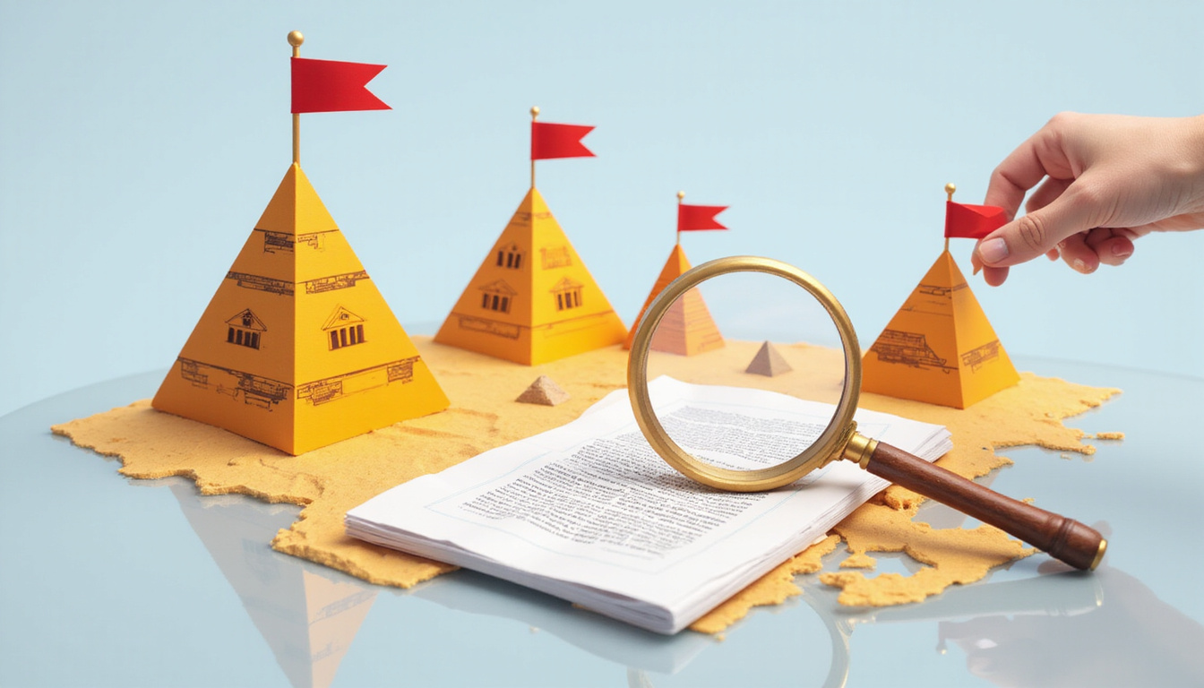 Pyramids overlooking new development plots, magnifying glass on legal contract, red warning flags