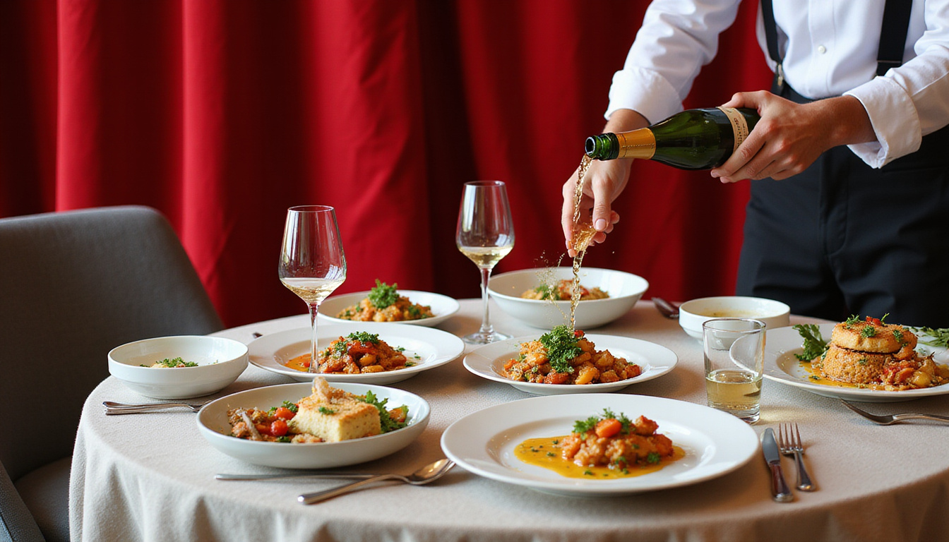  Opulent table setting, multi-course artistry on porcelain, sommelier pouring champagne, velvet drapery