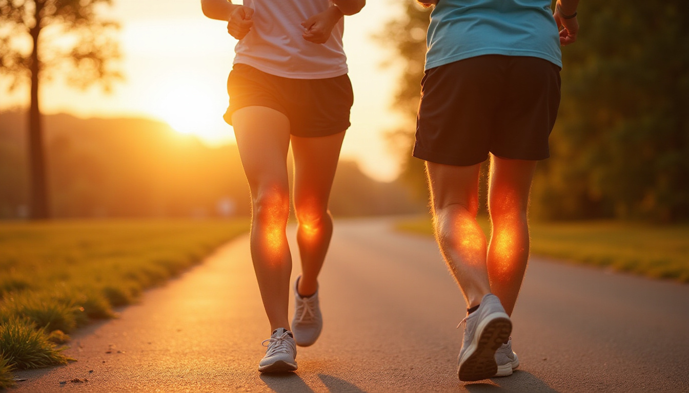  Active elderly couple jogging, flexible knees glowing, visualized hyaluronic gel boost, sunrise park