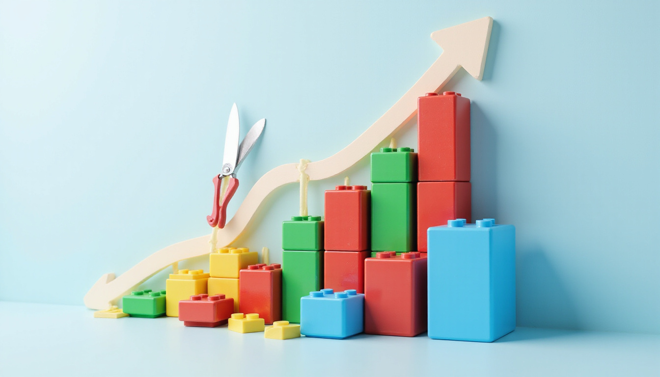  Isometric construction infographic with modular building blocks, rising performance graph, scissors cutting costs