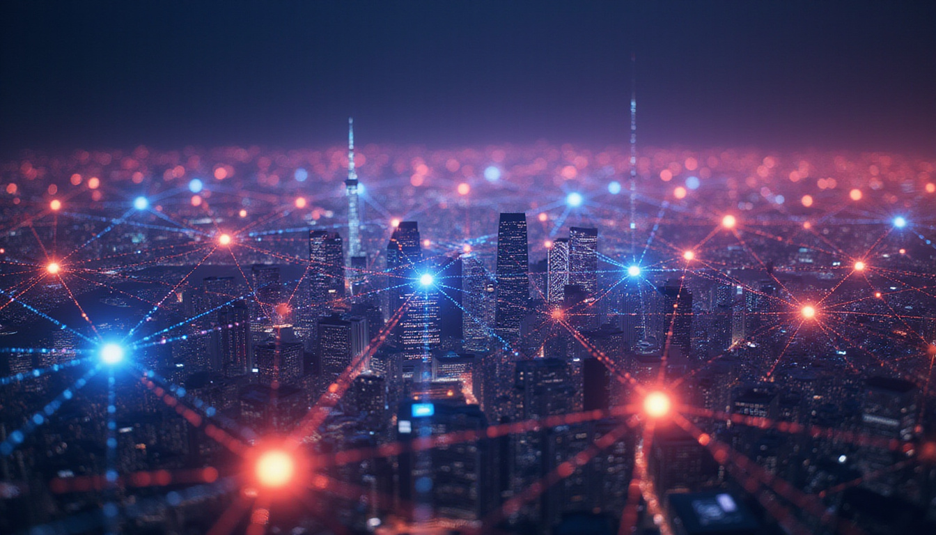 Blockchain network visualized as glowing threads connecting tokenized commodities and currencies over city skyline