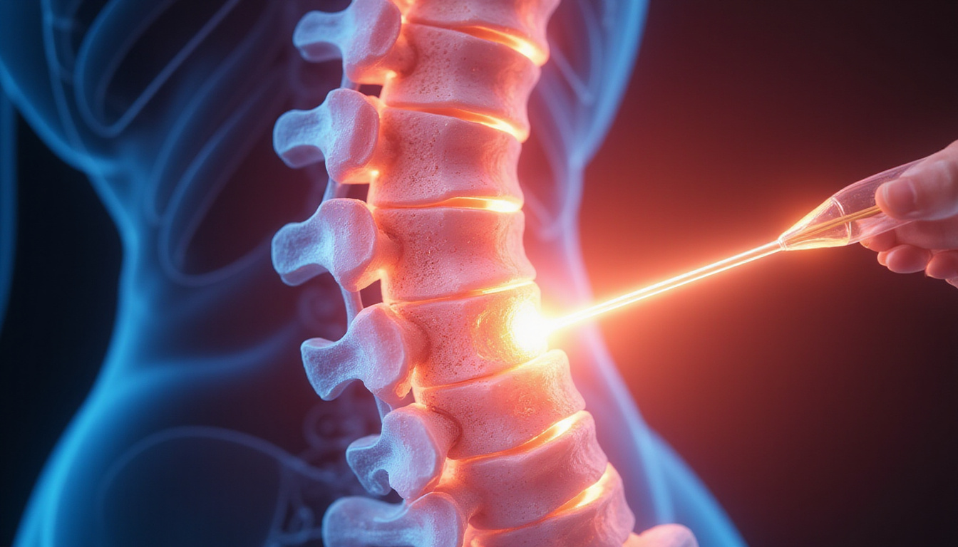 Anatomical cross-section of lumbar spine, needle removing herniated disc, inflammation fading, light beams