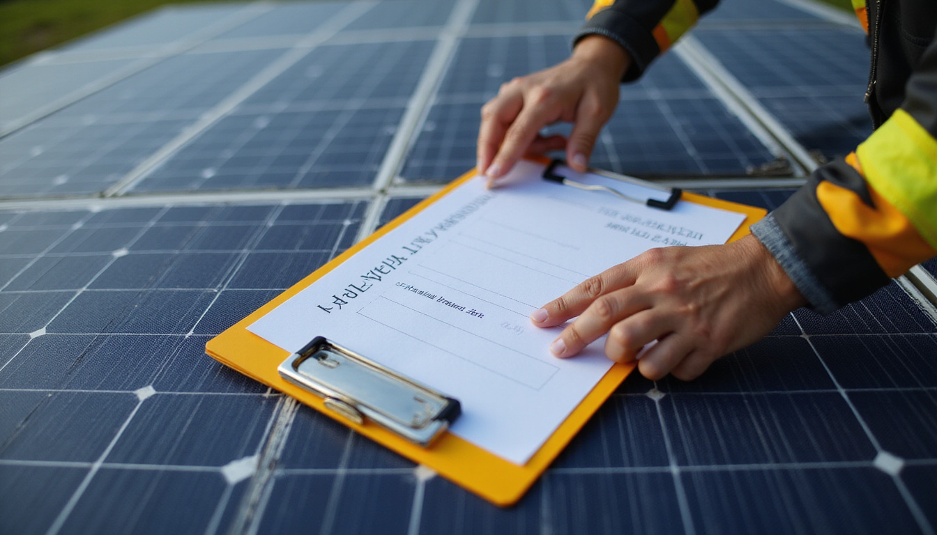 Close-up hands unbolting solar array, labeled checklist clipboard, caution tape, dramatic lighting