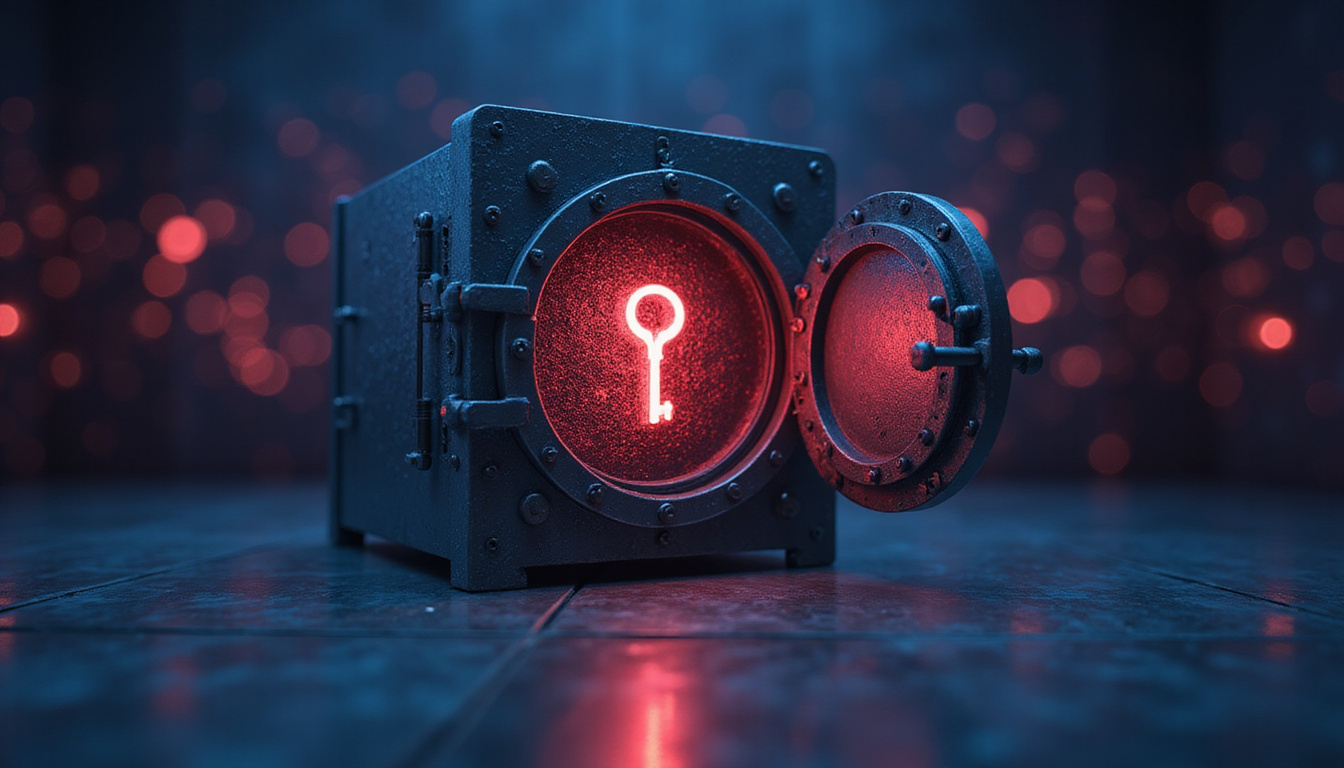 Hidden digital vault releasing glowing key icons, software secrets improving customer satisfaction and agent efficiency