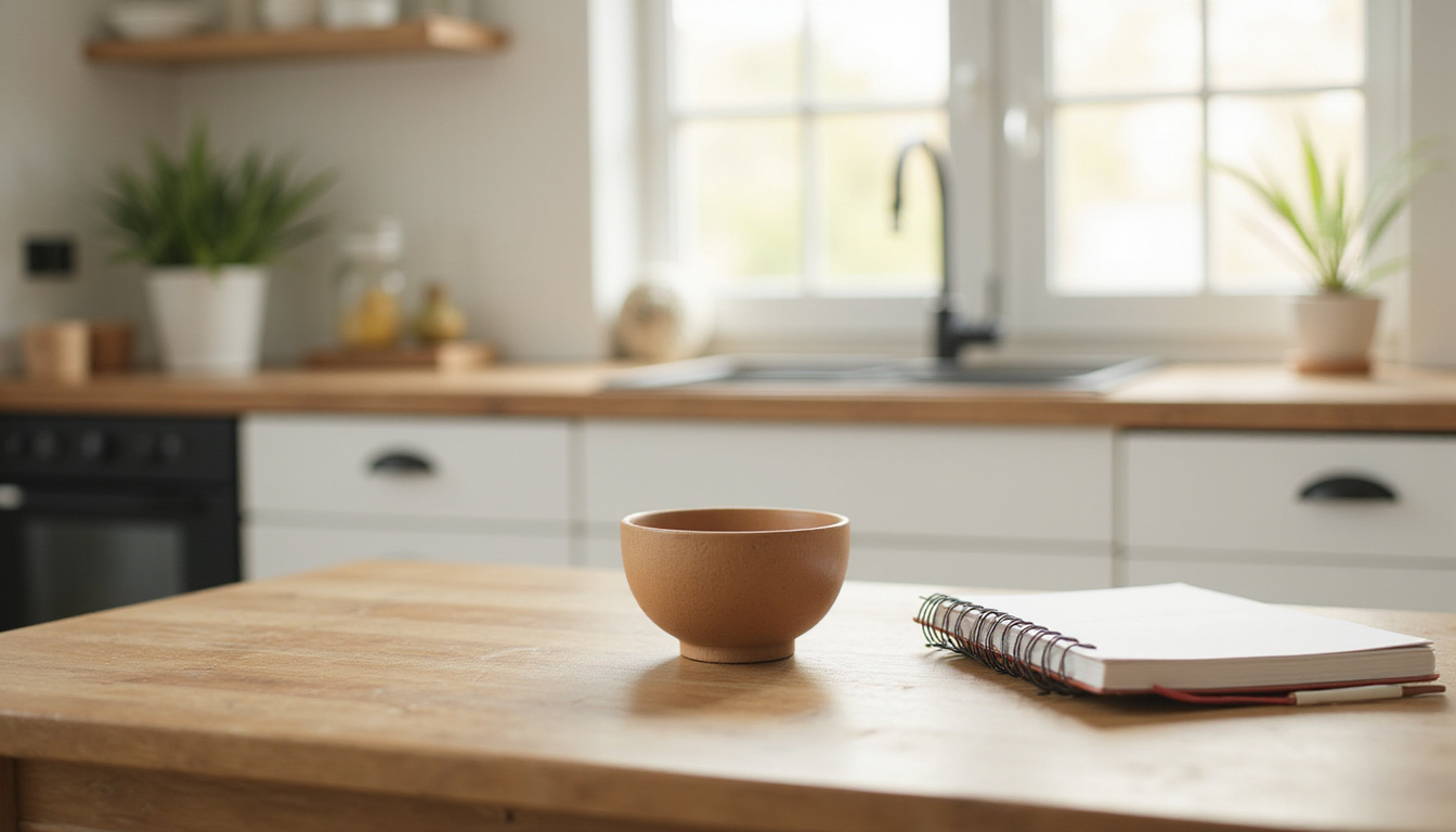 Minimal wooden table, single bowl, mindfulness journal, soft morning light, tranquil kitchen