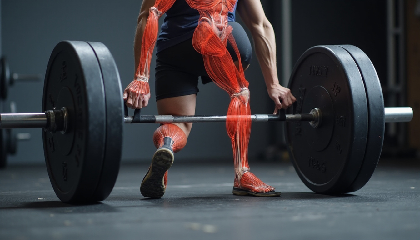  Close-up action shot single-leg deadlift with paddle, muscle anatomy overlay highlighting glute engagement