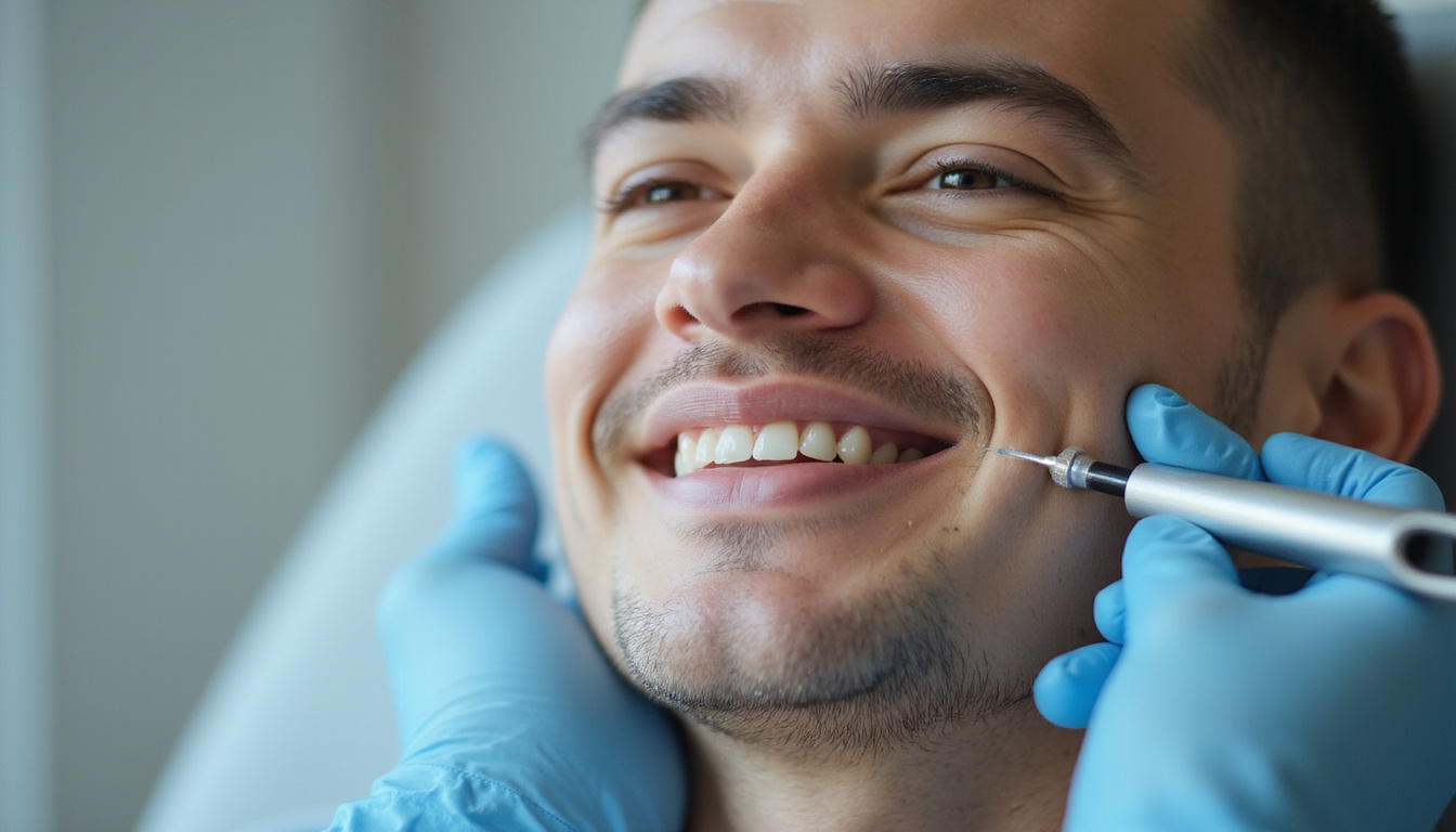  Close-up of electrolysis session on cheek, confident transgender man smiling, clinical serene lighting