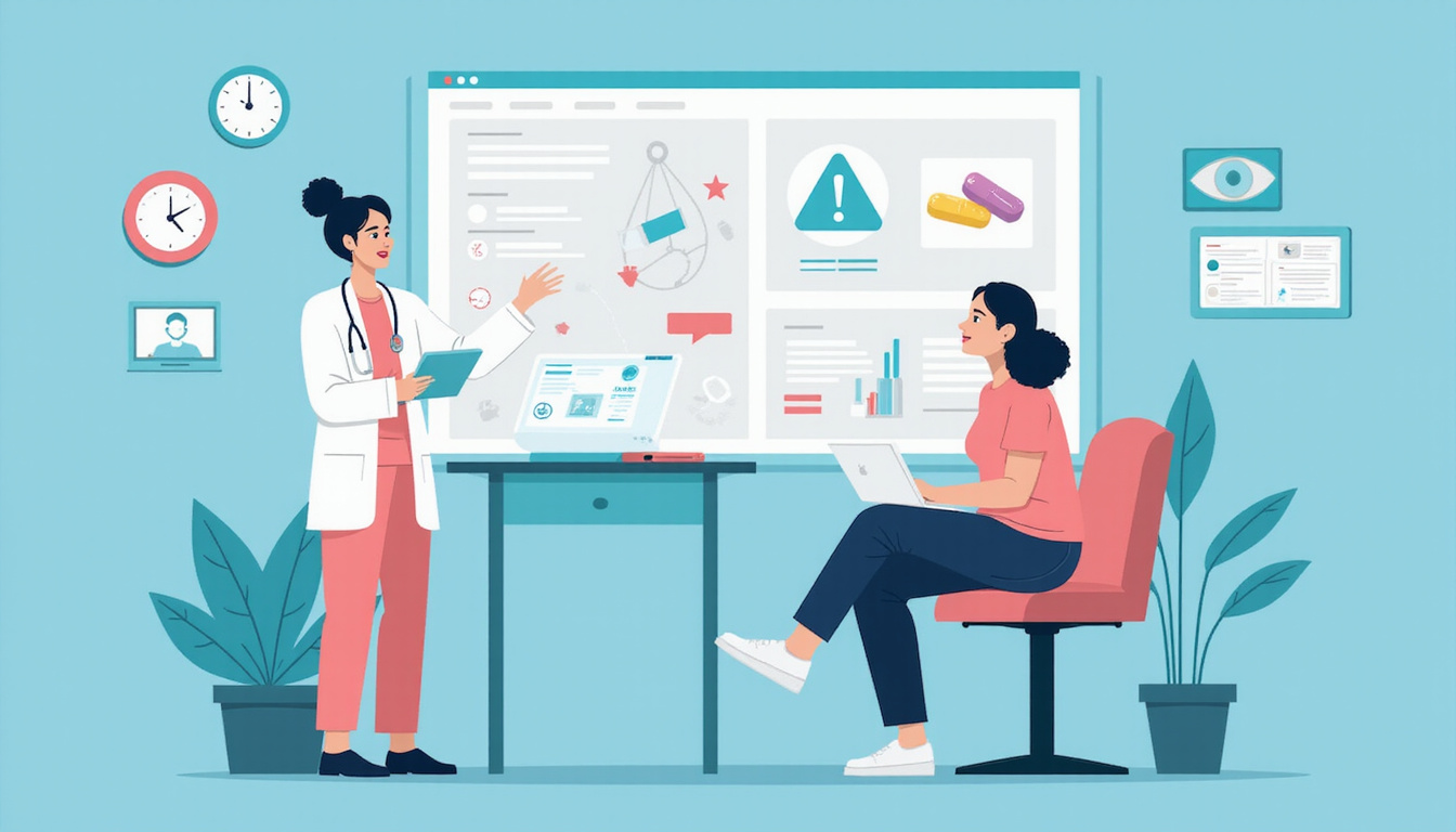 Split-screen doctor consultation and warning icons, pills, safety checklist, balanced scales, calming clinical tones