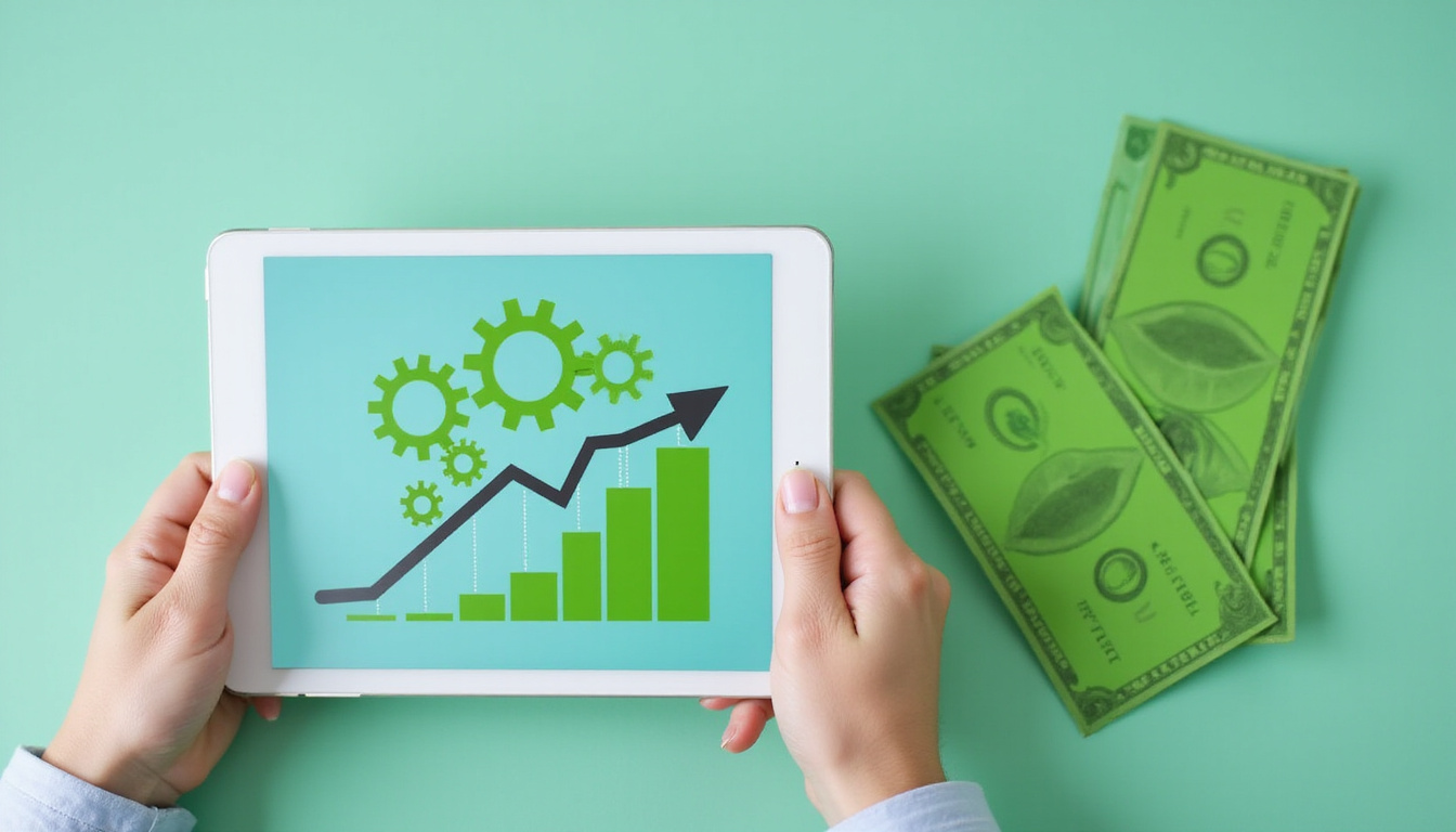  Frugal strategist adjusting precise sliders on tablet, green upward chart, gears and dollar bills