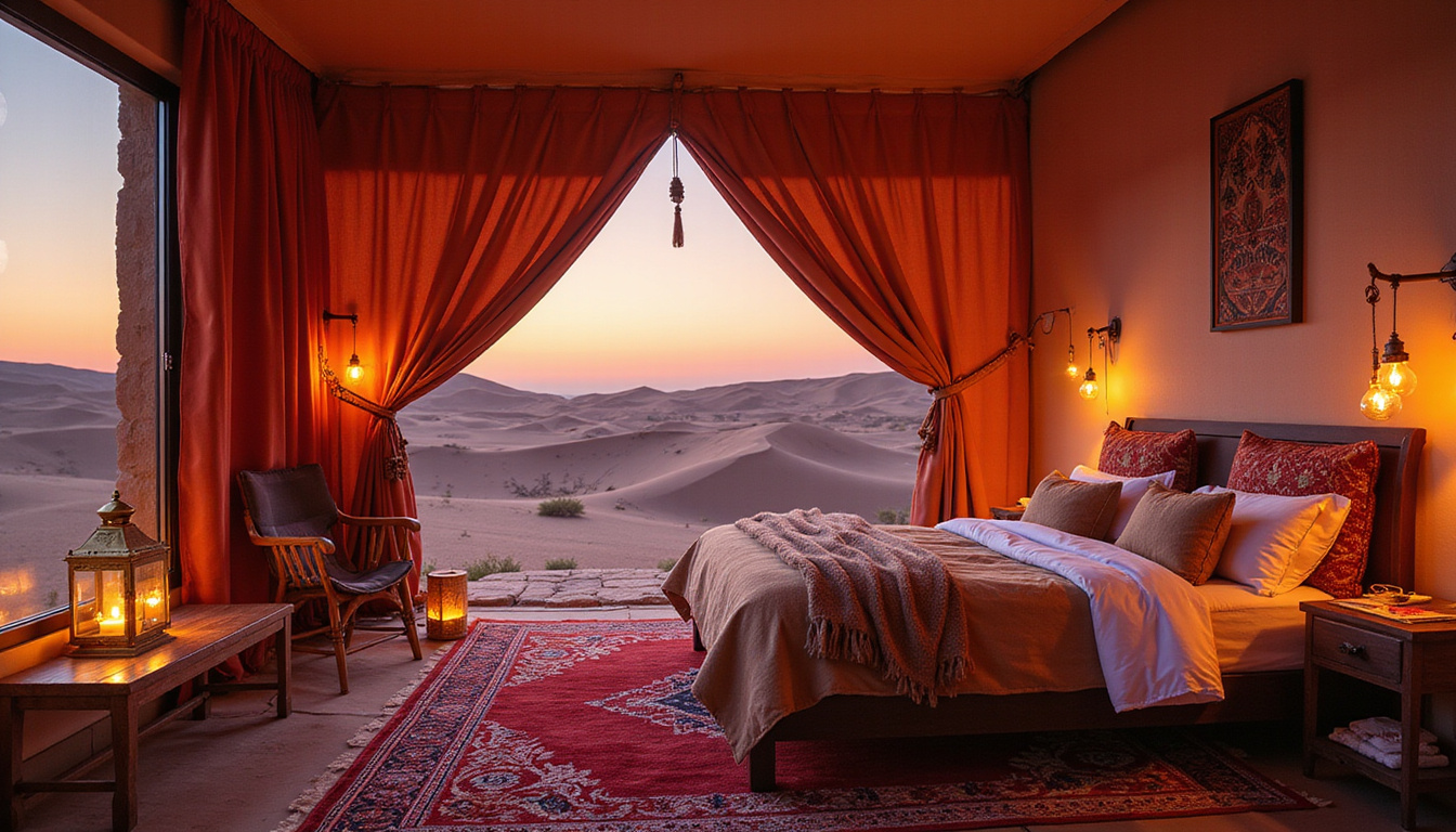  Desert oasis luxury suite in Bedouin-inspired tent, plush rugs, brass lanterns, crescent moon over dunes