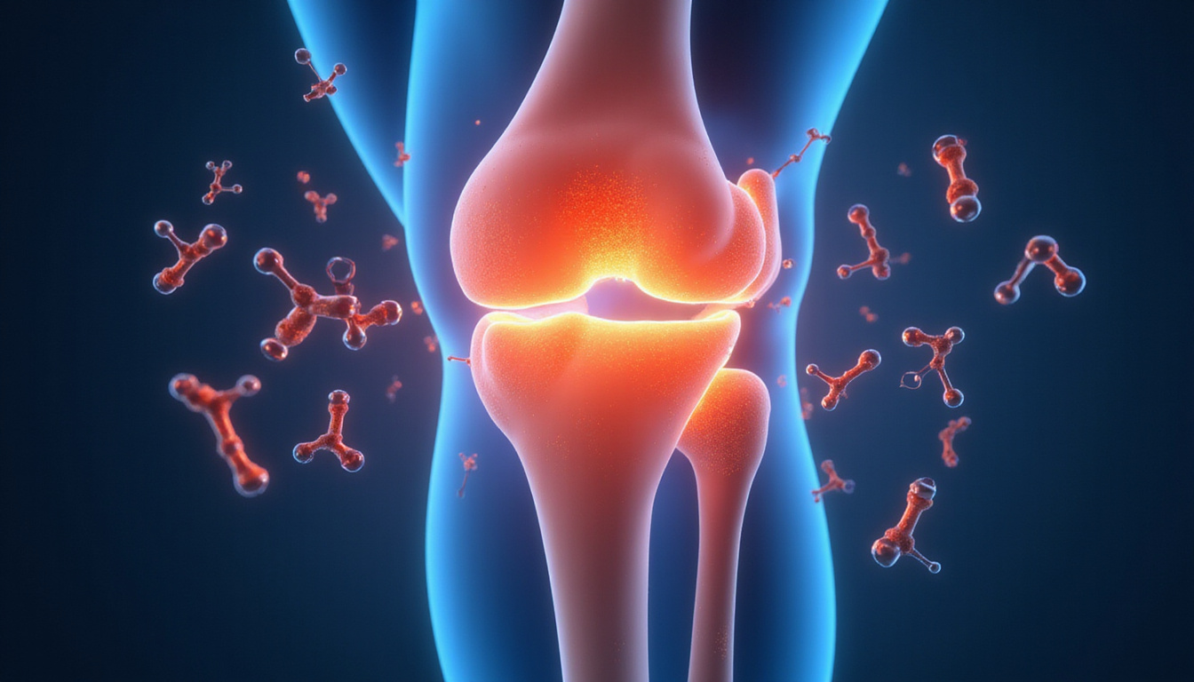  Detailed medical illustration of knee joint, hyaluronic acid molecules lubricating cartilage, labeled FDA approved seal